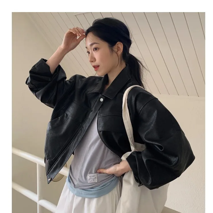 Black Elastic Hem Small Collar PU Leather Jacket Short Outerwear for Women Long Sleeve Sheep Leather Fashion Versatile