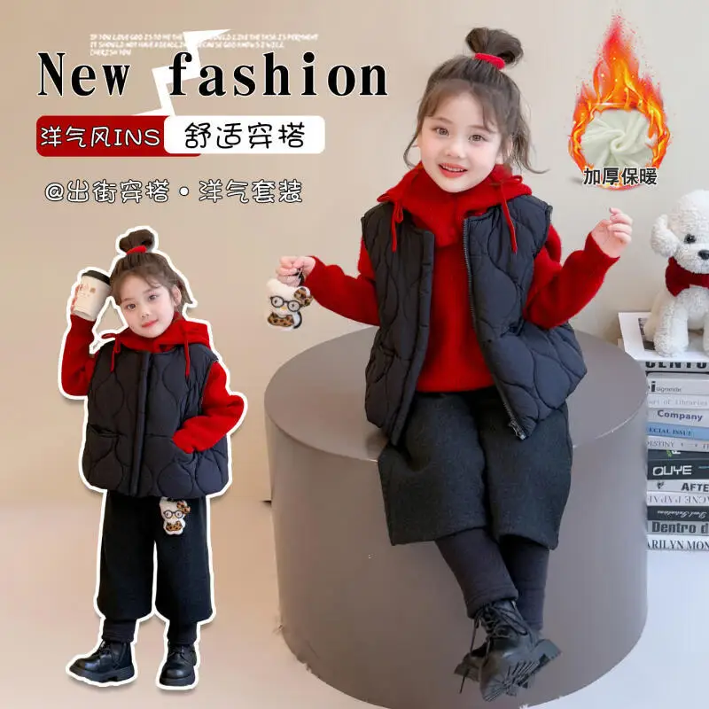 

Girls Thick Warm Sweater Set Winter 2025 New Hello Kitty Kids Cartoon Anime Cotton Vest Casual Pants 3Pcs Fashion Sweet Clothing