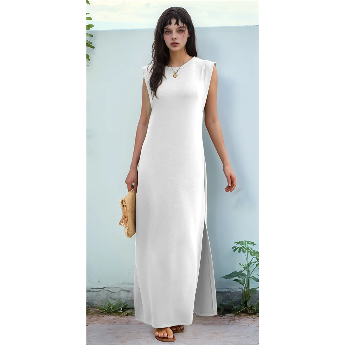 2025 Women Summer Round Neck Casual Loose Split Wrinkle-Free Long Maxi Vacation Dress with Pockets White M