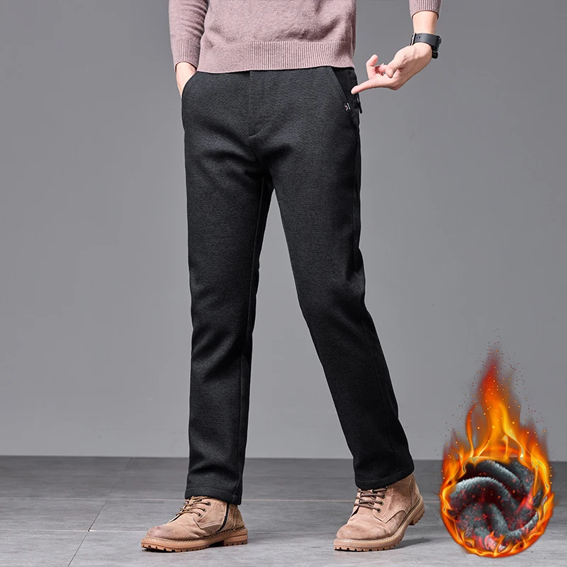 Men's Winter Fleece Elastic Casual Pants Thick Warm Soft Business Stretch Slim Trousers Streetwear Fashion Korean Brand Clothes