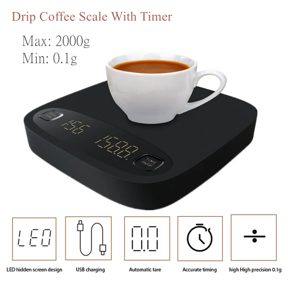 

2kg /0.1g USB Drip Coffee Scale With Timer Mini Espresso Auto Reset Kitchen Electronic Scales Grams Electronic Kitchen Scale