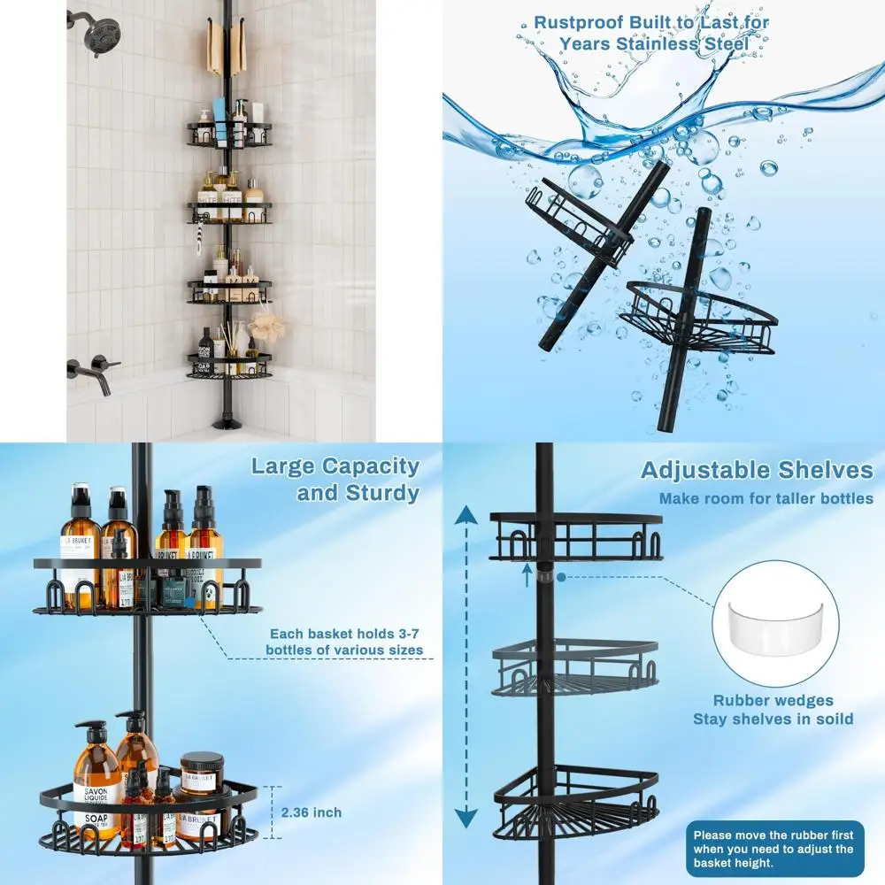 

Нержавеющая угловая раструб для душа, натяжная стойка, 4 больших корзины для ванны, органайзер для хранения шампуня, регулируемая по высоте ванная комната