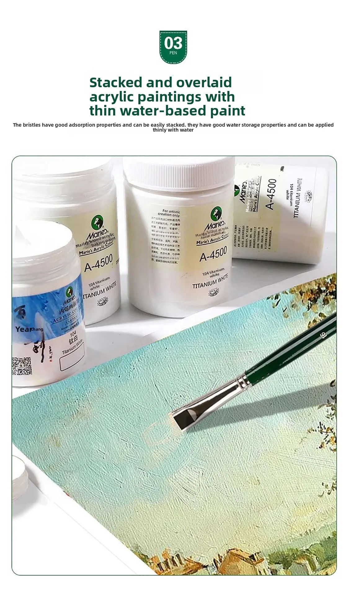 9-teiliges Pinselset mit flachem Kopf für Öl/Acryl/Gouache – Spezielles Malwerkzeug mit langem Griff – Detail 6