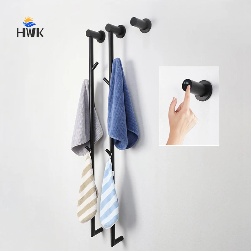 Black Bathroom Towel Warmer Fast Drying Electric Heated Towel Rail Temperature Timing Electric Towel Rack Hidden Installation