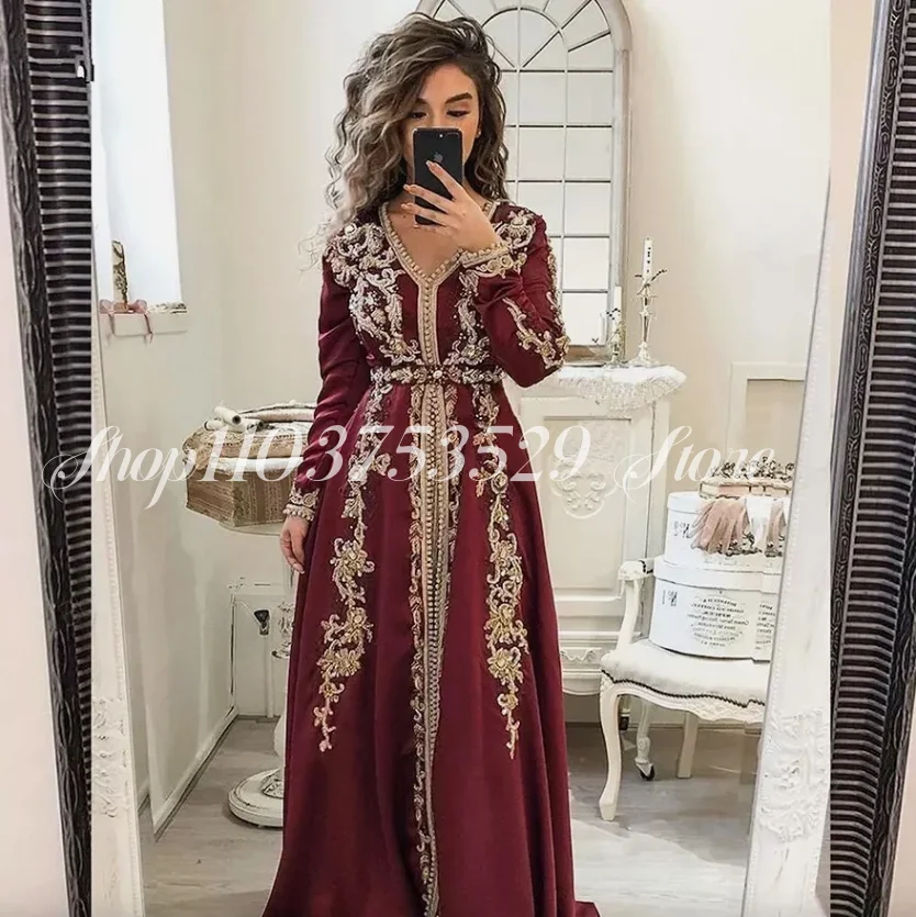 Moroccan Robe Muslim Long Sleeve Evening Burgundy Luxury V Neck Beaded Appliques Formal Occasion Ethnic vestidos para mujer