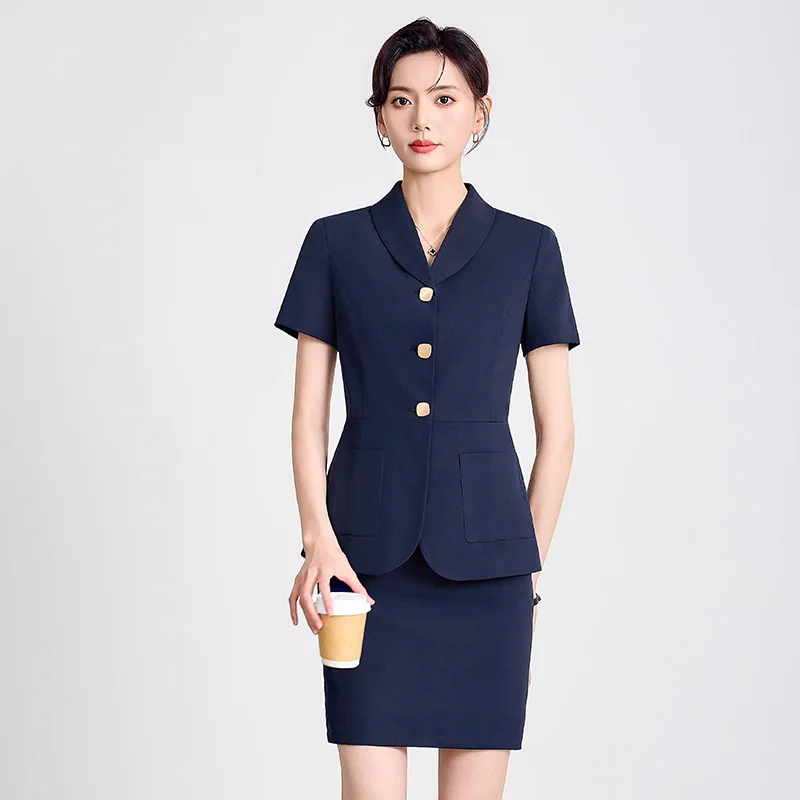 NAVIU ฤดูร้อนใหม่ Professional สีเทาชุดใหม่อารมณ์สง่างามธุรกิจ Slim Blazer และกระโปรงสํานักงานสุภาพสตรีชุดทํางานสีดํา