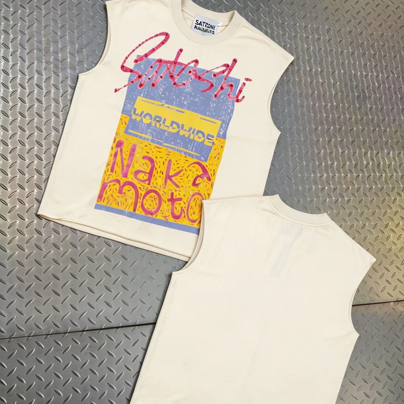 Men's Women's Clothing Satoshi Tank Top High Street Trend Brand Graphic Print Loose Cut Off Vest Best Quality Cotton T Shirt