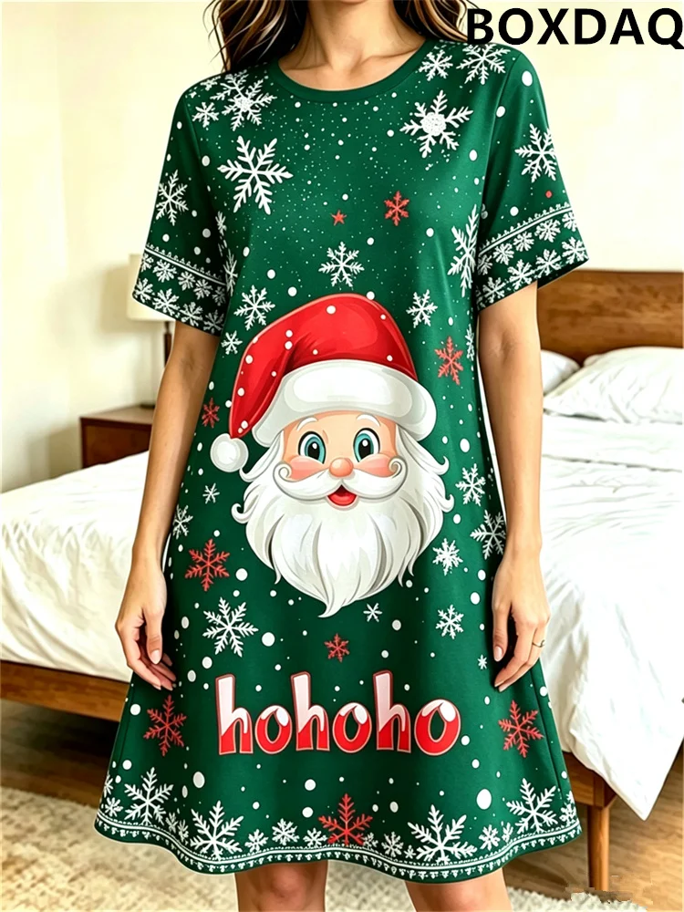 Summer Women's Christmas Dress New Year Round Neck Short Sleeved Cartoon Santa Claus Pattern Printed Casual Loose A-Line Dresses