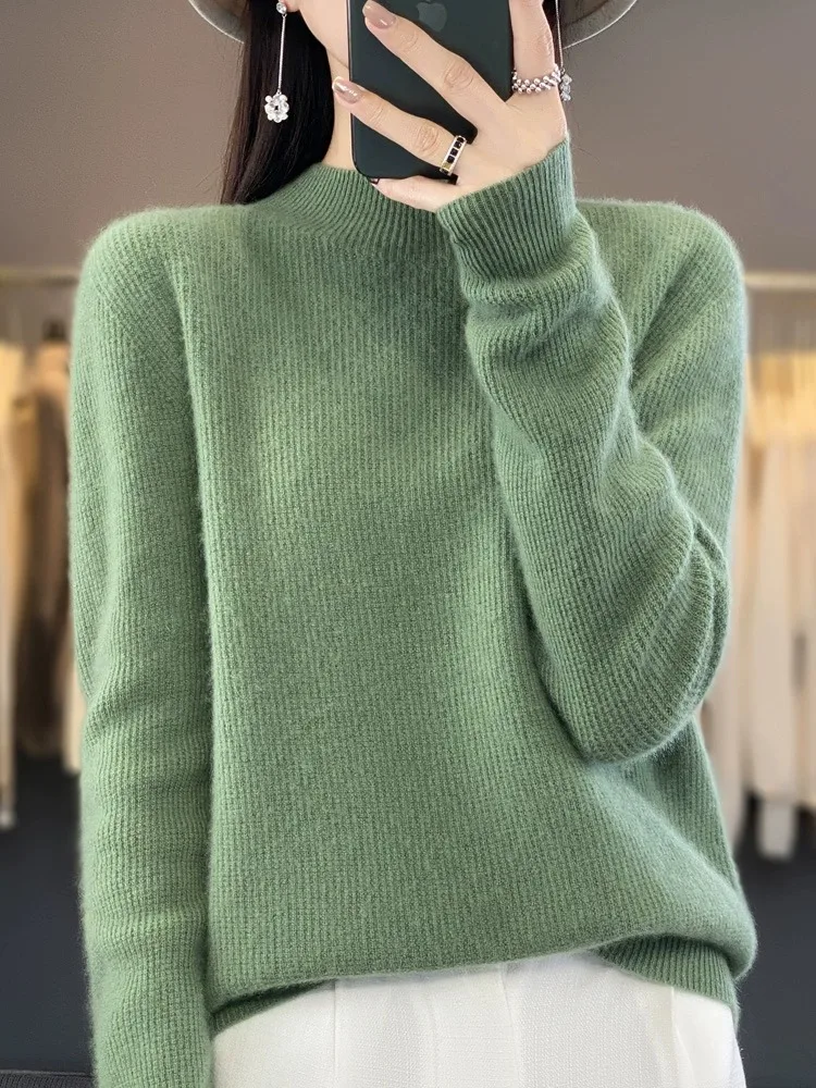 Suéter de lana pura de punto suelto para mujer de gama alta ropa interior de cuello alto Otoño Invierno cómodo Top de lana transpirable