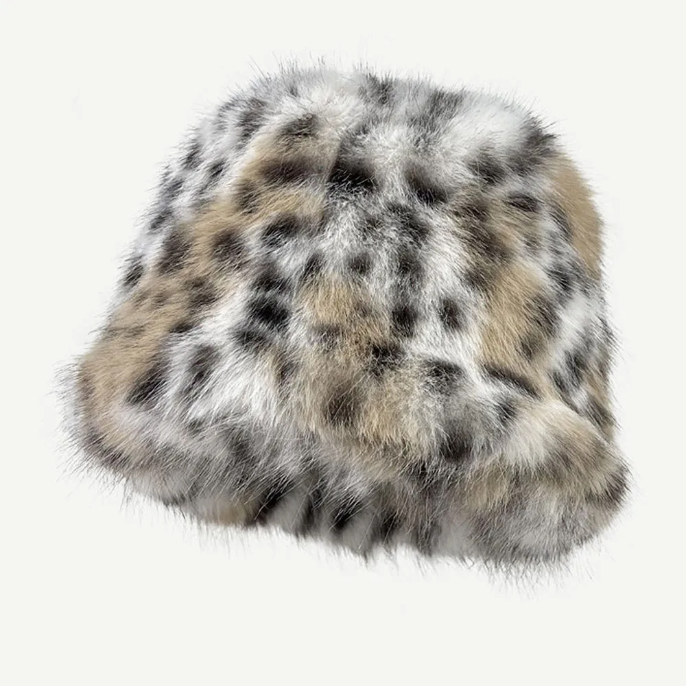 Czapka zimowa ze sztucznego futra dla kobiet elegancka rosyjska czapka ciepła czapki wzór w cętki kapelusze wiadro damski czapki narciarskie