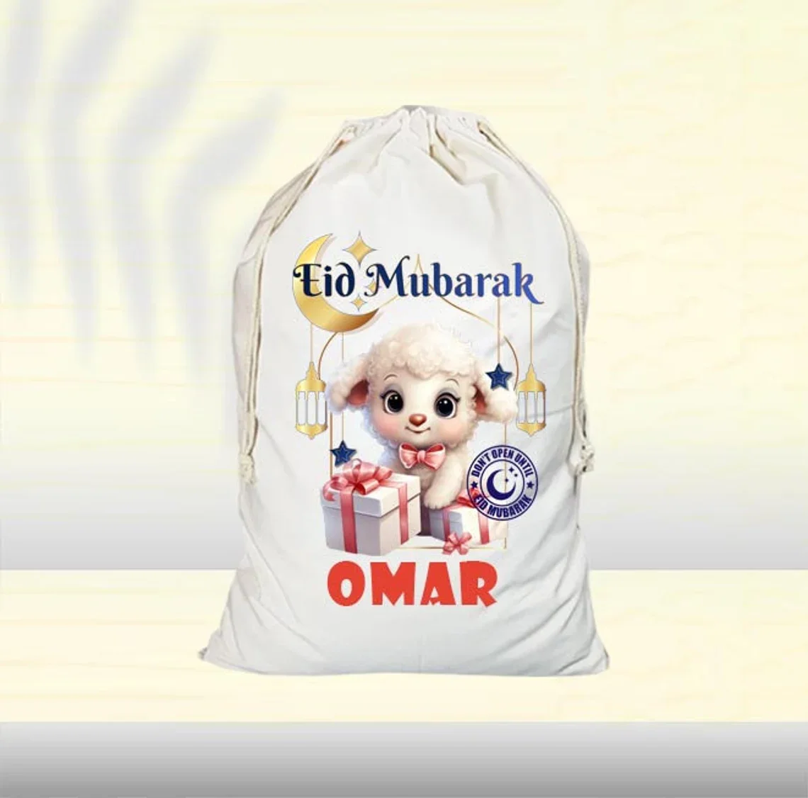 Personalised Eid Gift Bags for Kids Open on Eid Custom Name Cotton Favor Bags with Ramadan Decor Eid Mubarak Al-Adha Girls Boys