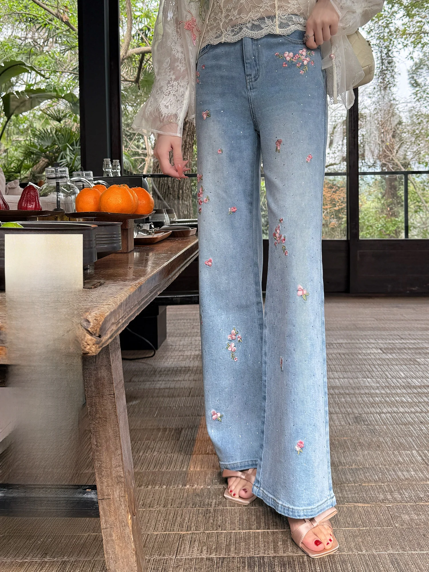 

Yingcai Heavy Embroidery Straight Leg Jeans Women's Spring Summer Rhinestone Slimming Design Versatile Cotton Denim Pants