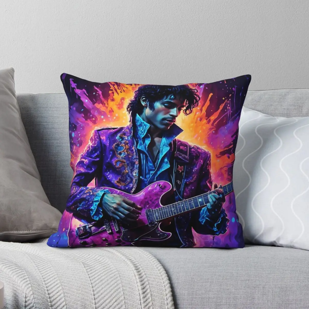 Purple Prince Guitar Funky Square Pillowcase Polyester Linen Velvet Pattern Zip Decor Throw Pillow Case Room Cushion Cover
