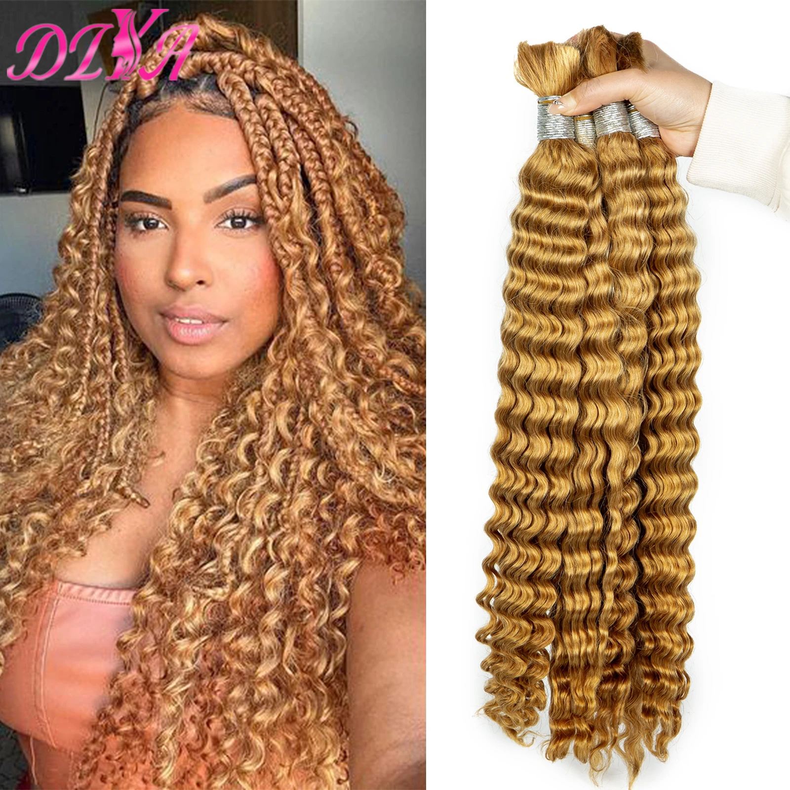 

No Weft Honey Blonde 16-28 Inch Extension Crochet Braids Deep Wave Human Hair Bulk for Braiding Brazilian Human Hair Bulk