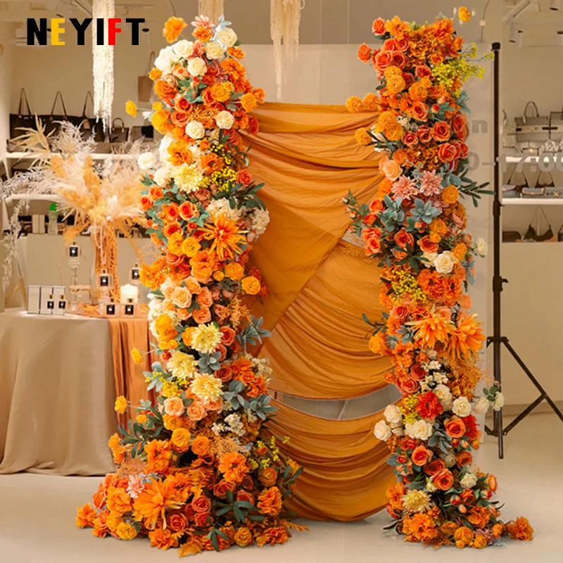 وردة برتقالية وصفراء زهرة الفاوانيا ديكور عداء الصف ، خلفية الزفاف ، أرضية القوس ، ترتيب الأزهار ، حدث حفلة عيد ميلاد ، دعامة