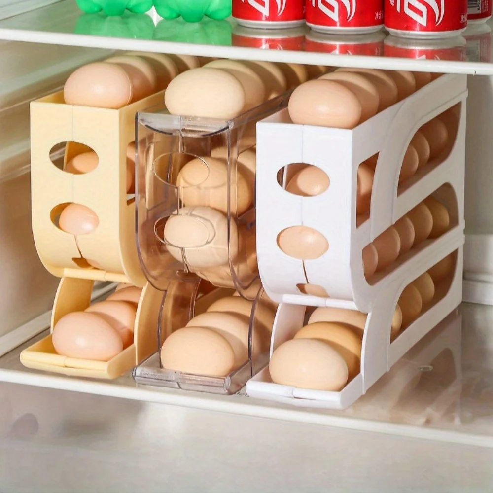1 Stück 3/4 Etagen automatische Roll-Ei-Aufbewahrungsbox für Zuhause, Küche, Kühlschrank, Seitentür, Eierkonservierungsregal, leicht zu reinigen – Detail 4