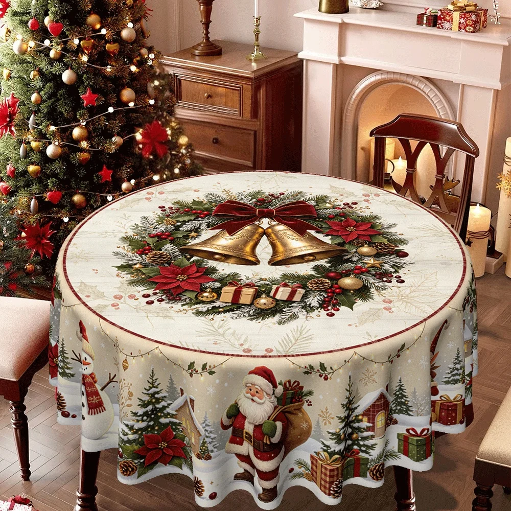 , 1pc 2D flat Merry Christmas, Christmas wind chimes wreath printed round tablecloth, twill polyester material,
