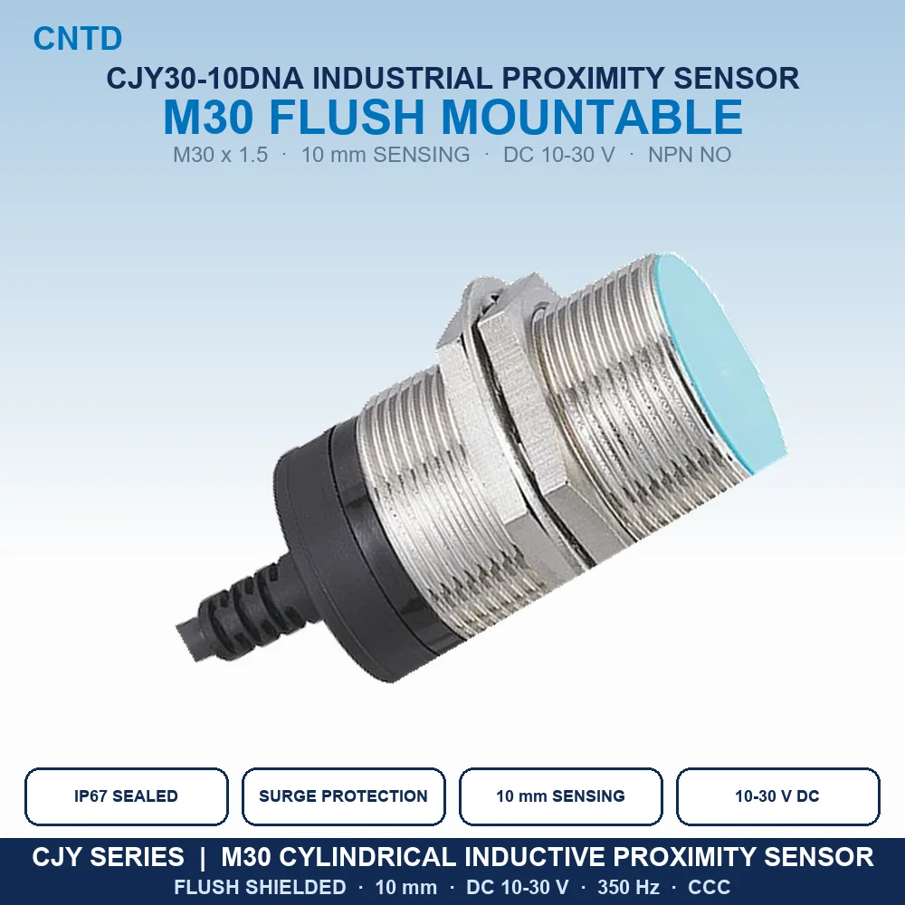 Inductive Proximity Sensor M30 Shielded NPN NO 3-Wire Flush 10mm IP67 Approach Switch DC10-30V 350Hz 2M Cable CJY30-10DNA