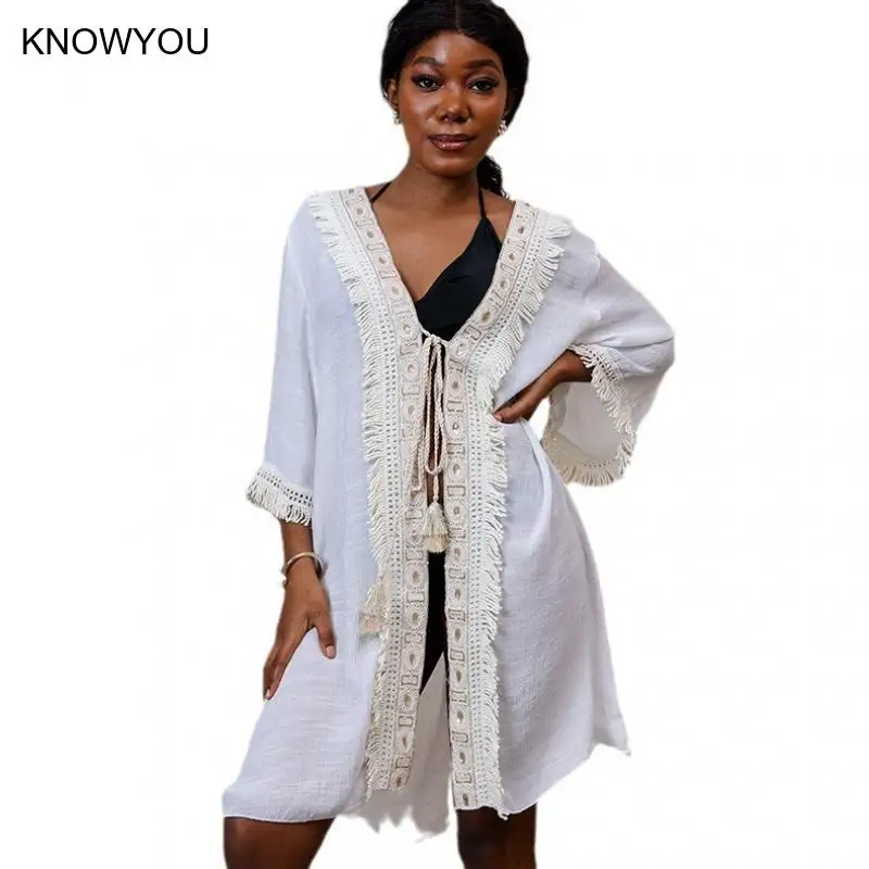 Exy Beach protección solar cubrir estilo bohemio Casual cárdigan abierto mujeres con cordones traje de baño Sexy Cardigan Bikini batas