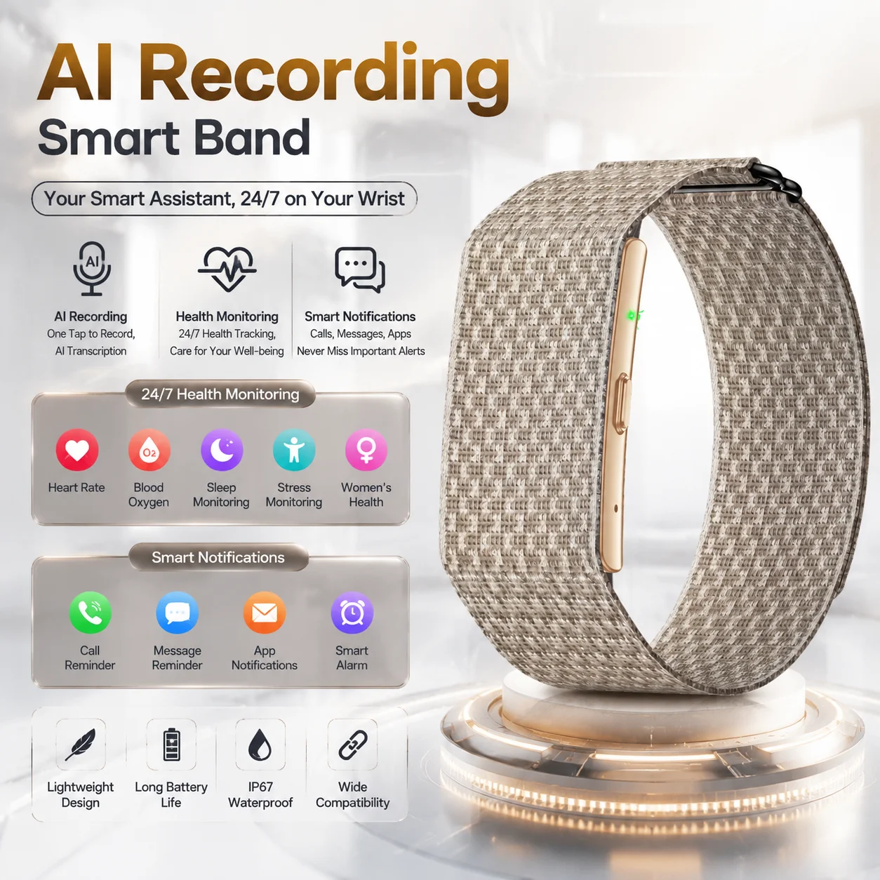 LIGE New One-click AI recording Smart Bracelet Support 79 Languages Audio Voice Recorder HPV Health Monitoring Sports Smartwatch