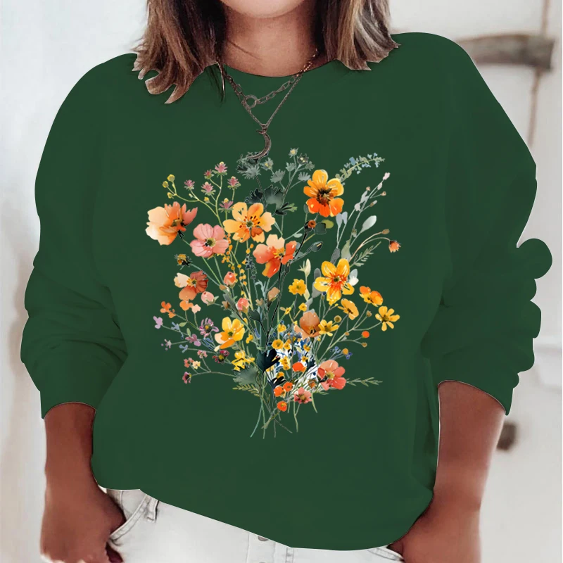 Wild Flower Oil Painting Sweatshirts Watercolor Floral Bohemia Pullover Long Sleeve O-Neck Streetwear Flower Trend Women Hoodie