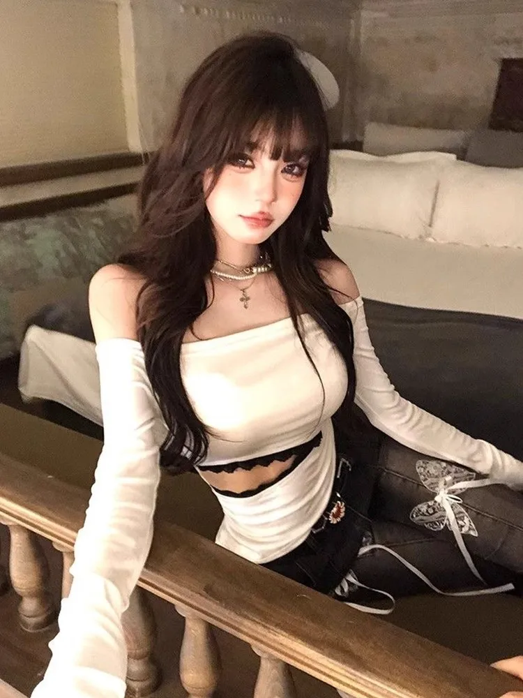 Tonngirls Backless Graphic T Shirts 2000s Japanese Y2k Long Sleeve Skinny Off Shoulder Crop Tops Gothic Print Gaphic Tops Tee