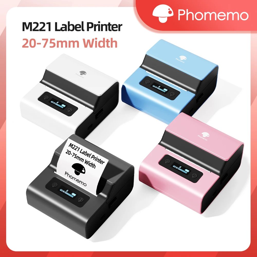 Phomemo M221 Label Printer Portable Thermal Maker Bluetooth Handheld Barcode QR Code Sticker Paper Rolls Labeller White 75mm Tag