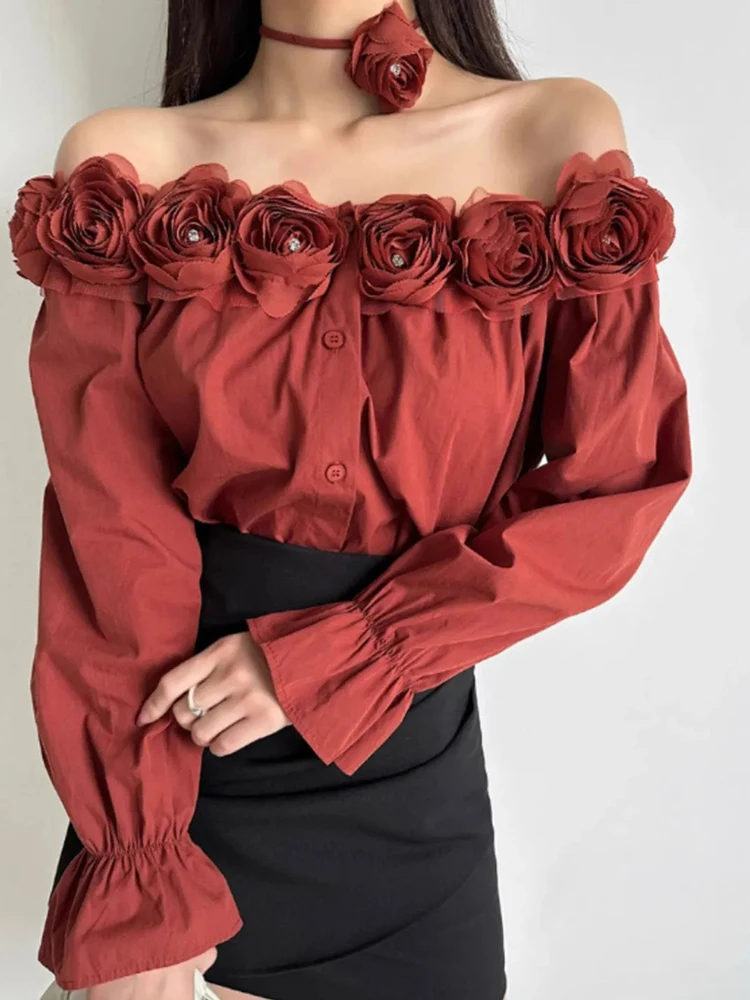 

3D Floral Off Shoulder Red Blouse Women Elegant Long Sleeve Sexy Shirt Vintage Casual French Fall Female Single Breasted Tops