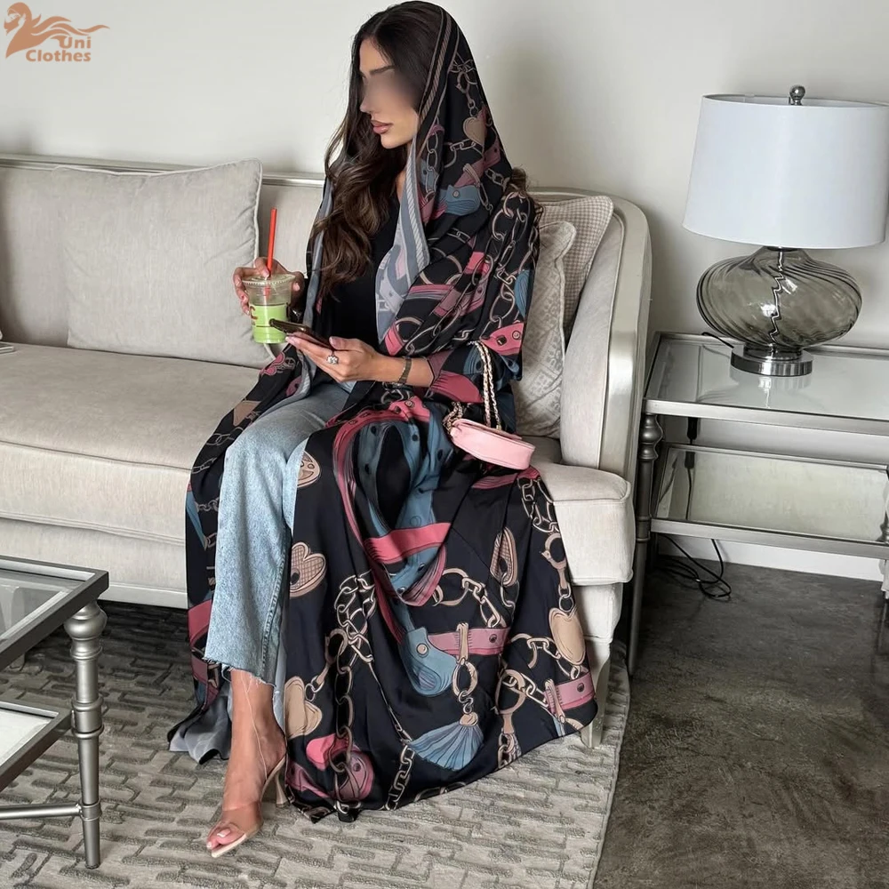 

Uni 2025 Новое мусульманское открытое абайи с цветочным принтом, Дубай, элегантное женское свободное платье, хиджаб в комплекте