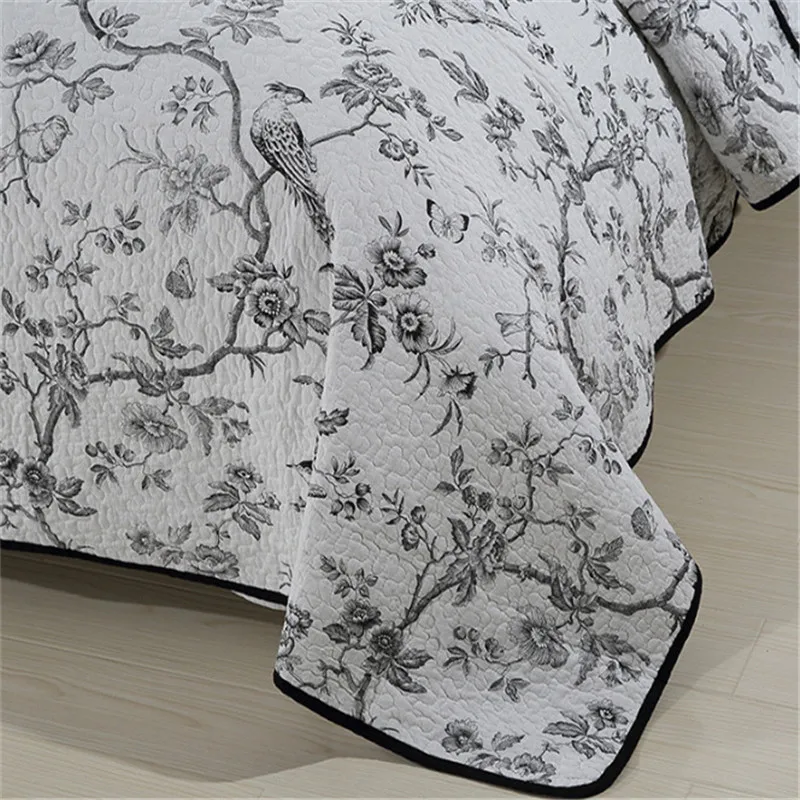 Leaves Birds Branch Printing Queen size Vintage Chic Bed Spread Sets 3 Piece Comfy Cotton Home Chic Bedspread Quilt Bedding Sets