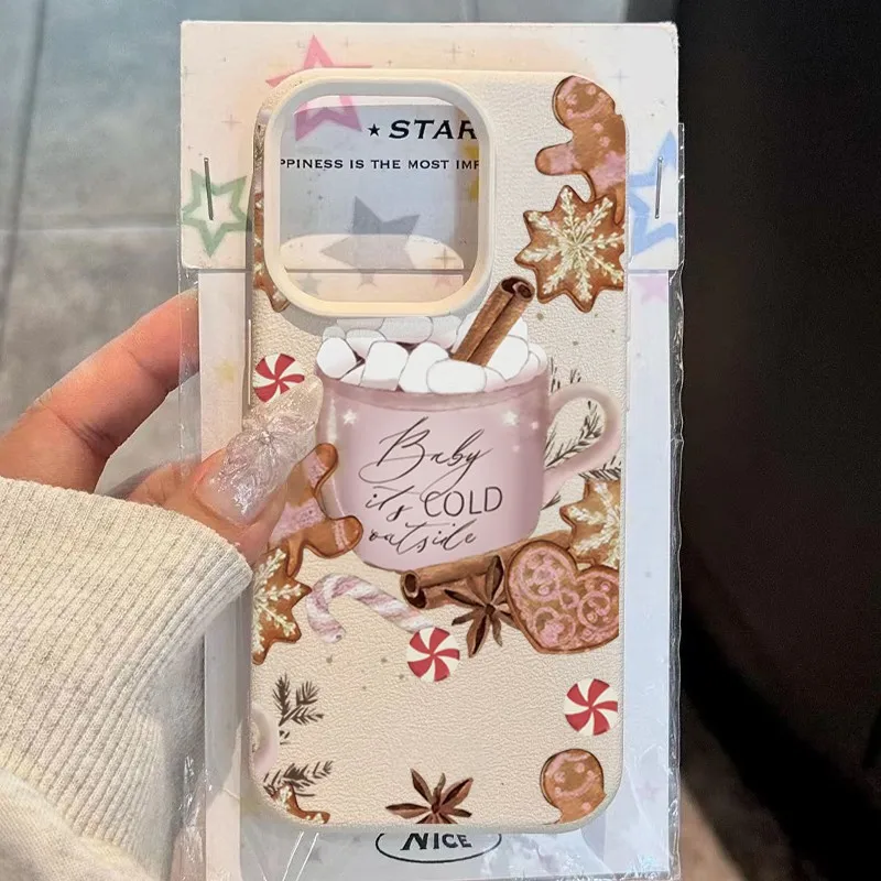 Funda de teléfono con patrón de cuero de lichi y postre de bebida caliente de Navidad para Samsung S25 S24 S23 S22 S21 S20 S10 Plus FE Ultra 4G 5G