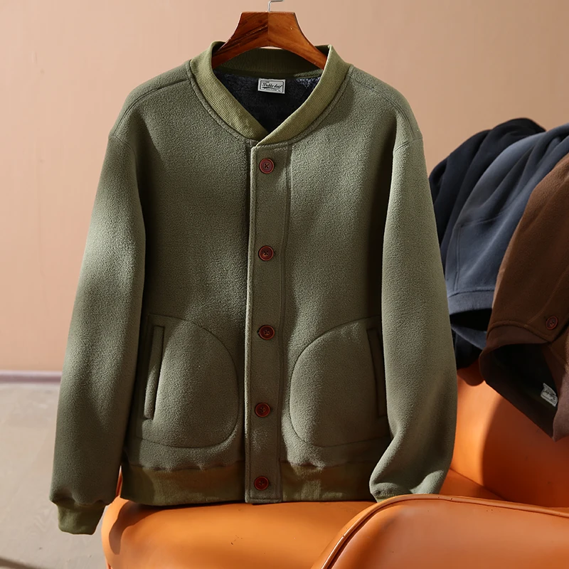 

American Retro Men's Faion Baseball Collar Thiened Fce Jaet Coat with Inner Fce Autumn Winter New Sle