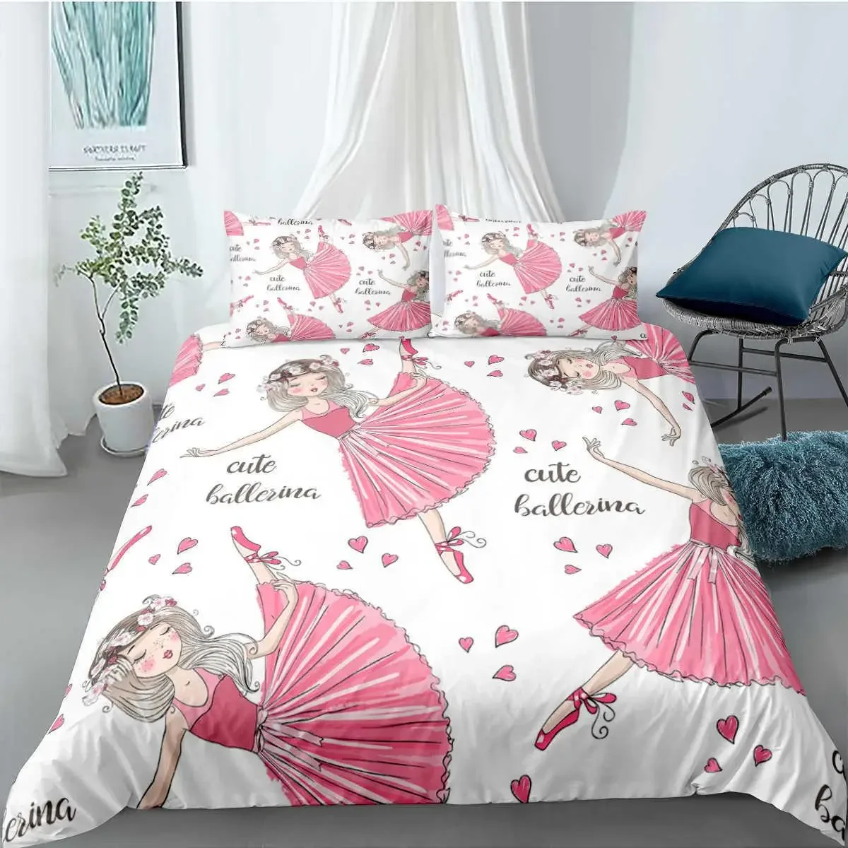 Ballet Girl Duvet Cover Set King Size Pink Lovely Little Ballerinas Bedding Set Kids Girls Princess Soft Polyester Quilt Cover