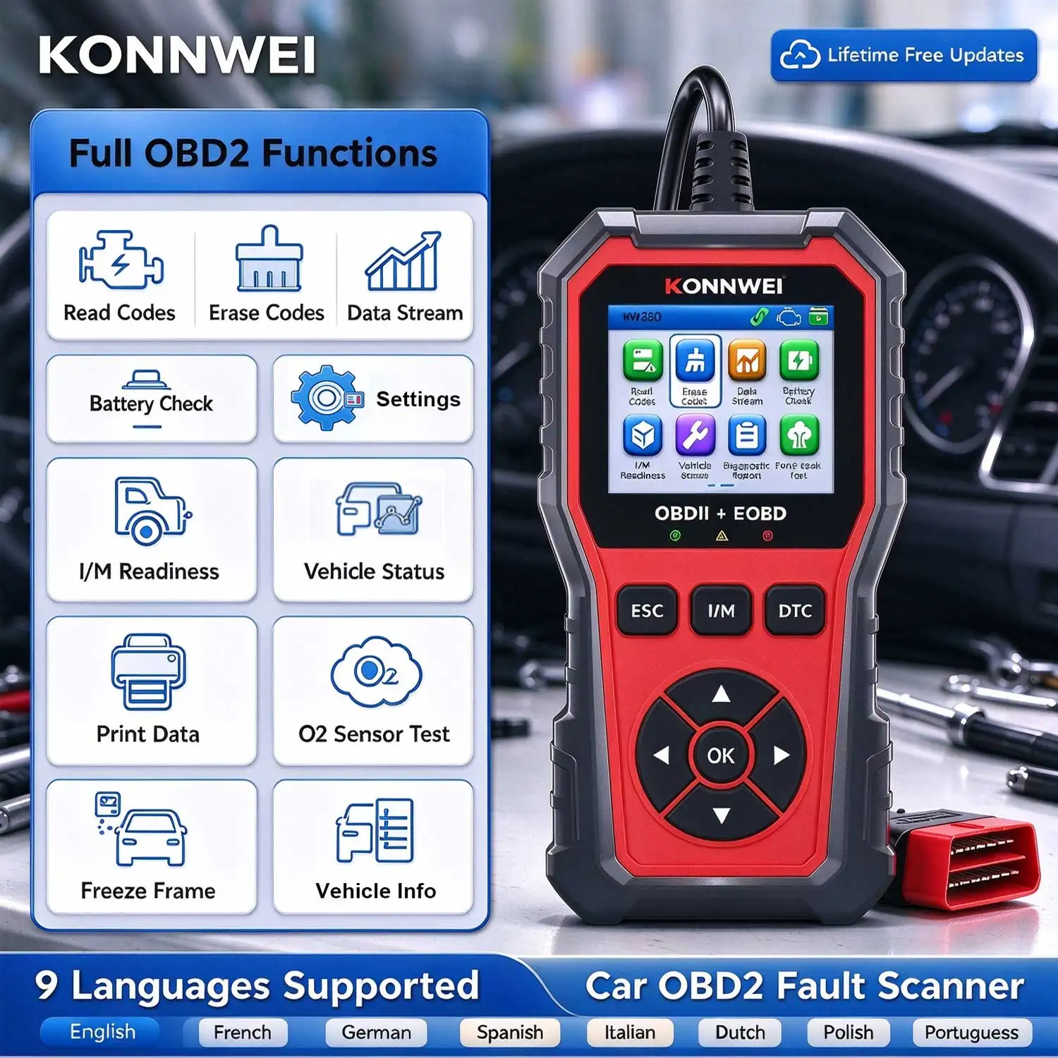 KONNWEi KW330 Car Full OBD2 Functions Fault Scanner Engine Battery Test Fault Read Erase Code Real-Time Data O2 Sensor Test