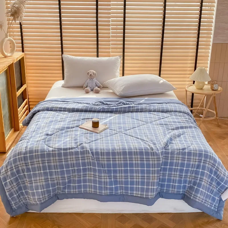 Japanese Plaid Printed Summer Thin Quilt Simple Breathable Air Conditioning Blanket for Office Soft Home Decoration for Bedroom