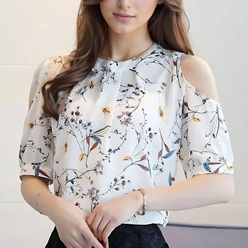 Women\'s Chiffon Print Floral Shirt, Elegant Summer Tops, Off The Shoulder Blouses, Short Sleeve Female Clothing, New, 825C 30