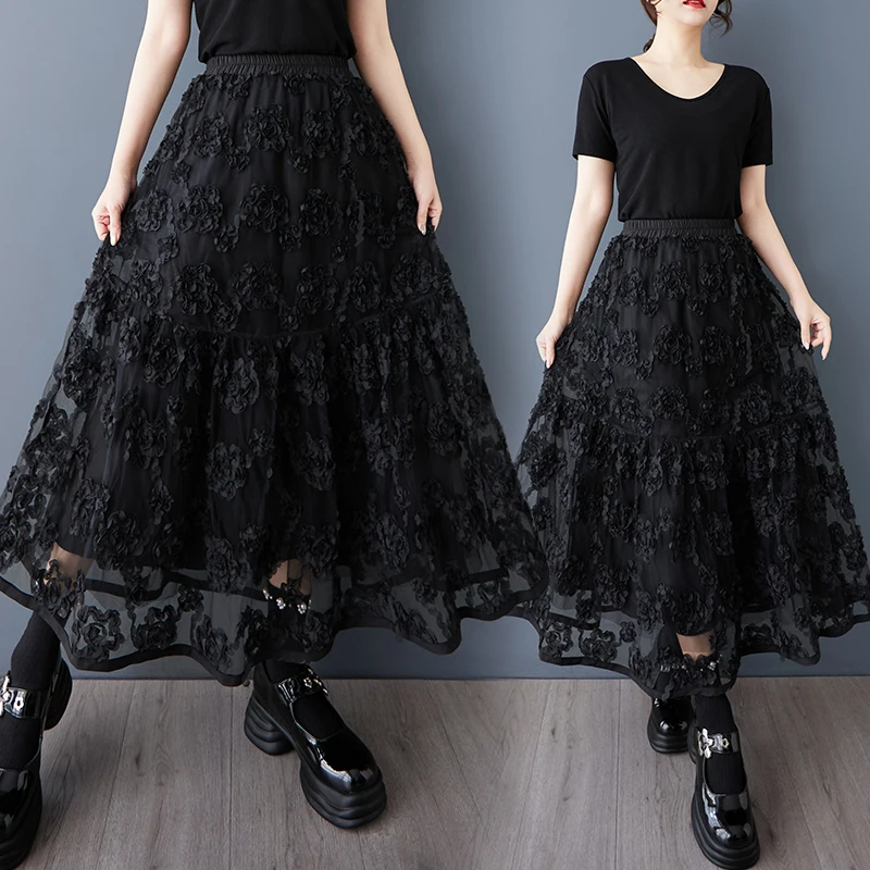 NYFS 2025 ฤดูร้อนใหม่VINTAGE Elasticเอวกระโปรงผู้หญิงแฟชั่นสีดําตาข่ายหัตถกรรมดอกไม้กระโปรงยาว