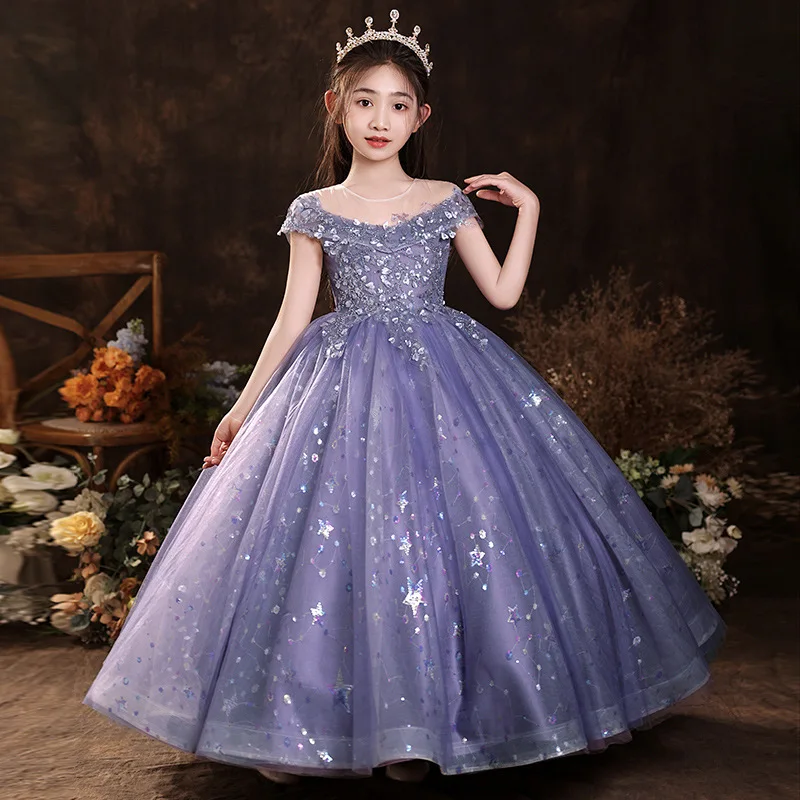 Children's Dresse Perspective Sexy kids Sequin Sequin starry sky flower embroidery Long wedding Ball Birthday party Dress robe