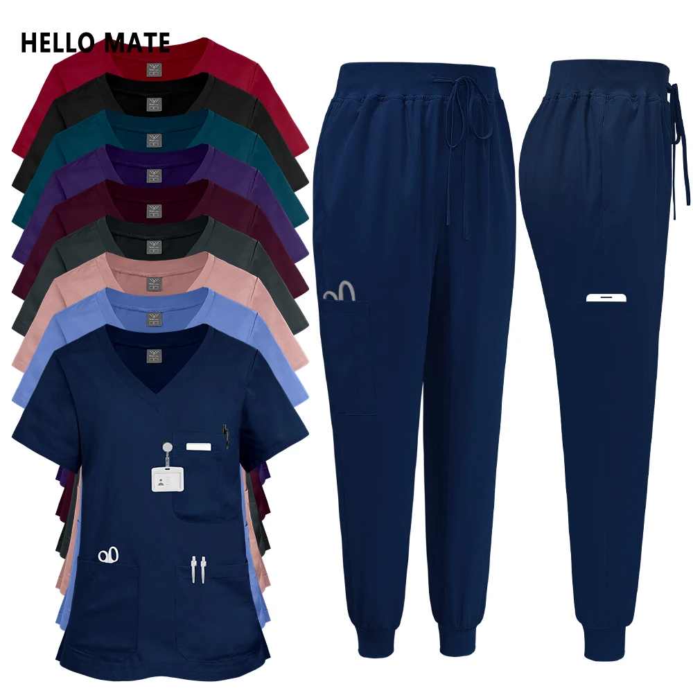 Nurse Surgical Scrub Set Men Women Nursing Uniforms Unisex Doctor Workwear Medical Uniform Top Jogger Pants Vet Dentist Overalls