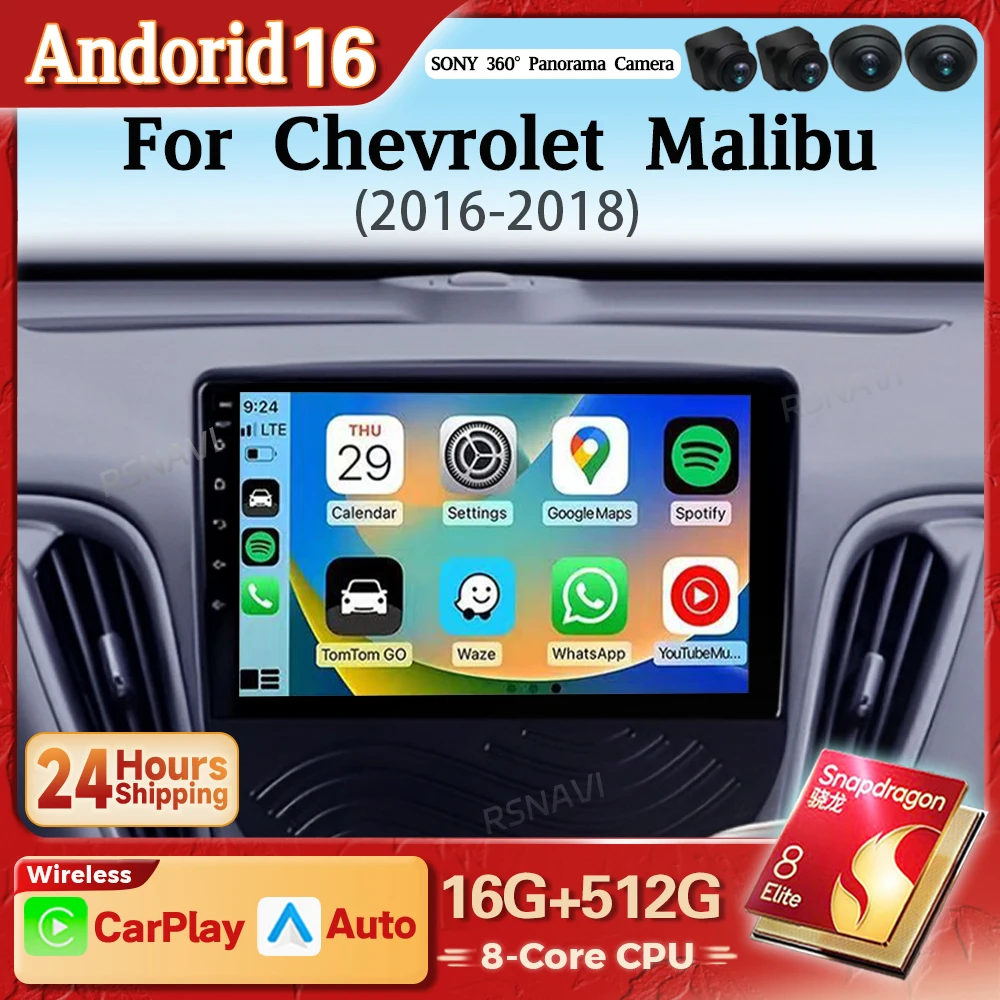 Radio Multimedia para Auto con Pantalla 2K y Android 16 Carplay para Chevrolet Malibu XL 2016-2018, Autoradio Estéreo Snapdragon