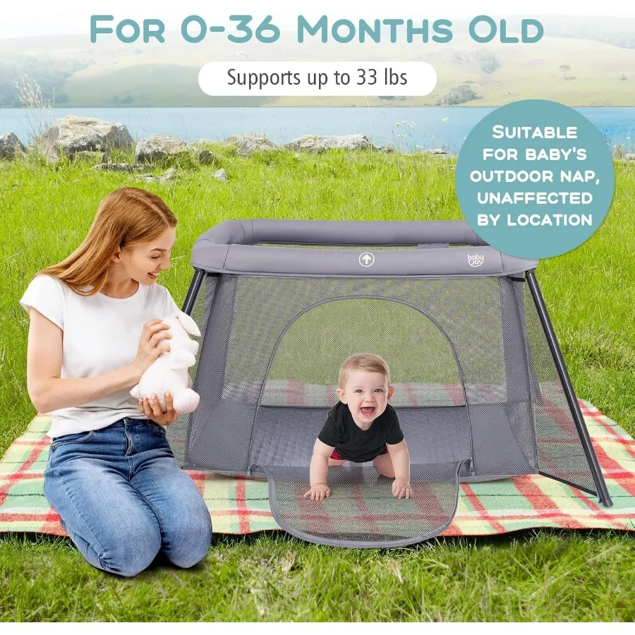 روضة أطفال محمولة 2 في 1 للسفر مع مرتبة ناعمة قابلة للغسل وقابلة للطي وحزمة لعب خفيفة الوزن تركيب مجاني للمنزل P #3