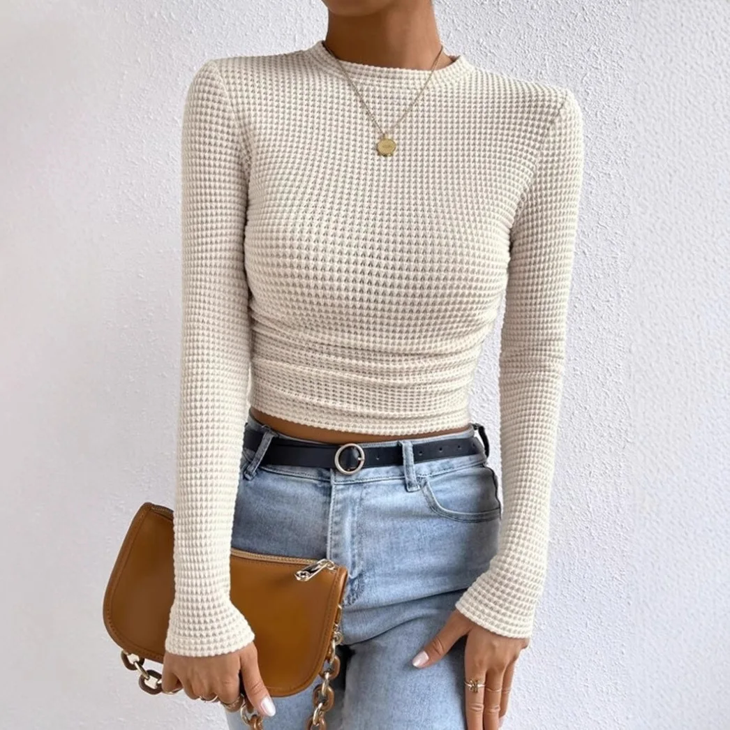 Fall/Winter Fitted Versatile Long-Sleeve Checkered Round-Neck Women's T-Shirt with Pleats