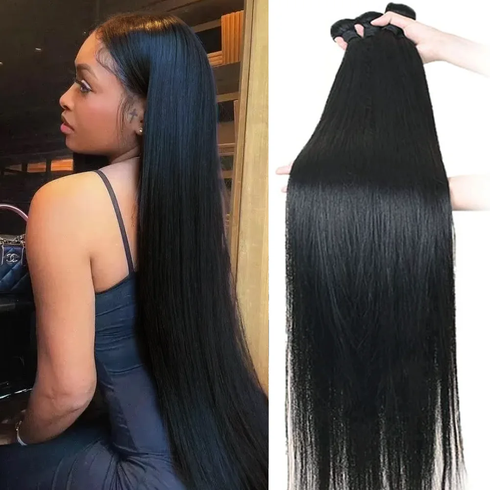 

Наборы прямых натуральных человеческих волос длиной 24, 30, 38, 40 дюймов, 12A, бразильские необработанные волосы, 1/3/4 пучка, для наращивания волос для женщин