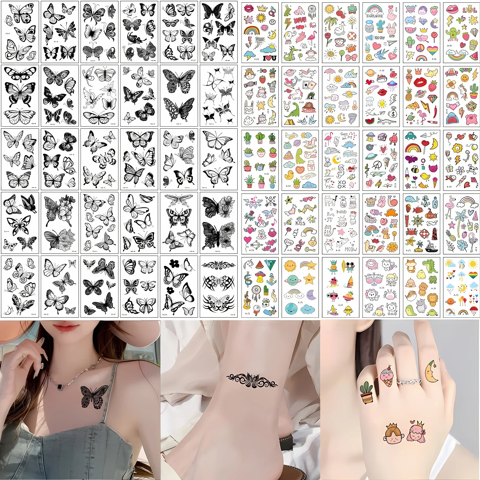 60pcs/set Temporary Tattoos Stickers Black Butterfly Color Cute Rainbow Watermelon Carrot Small Transfer Tattoos Women Girls