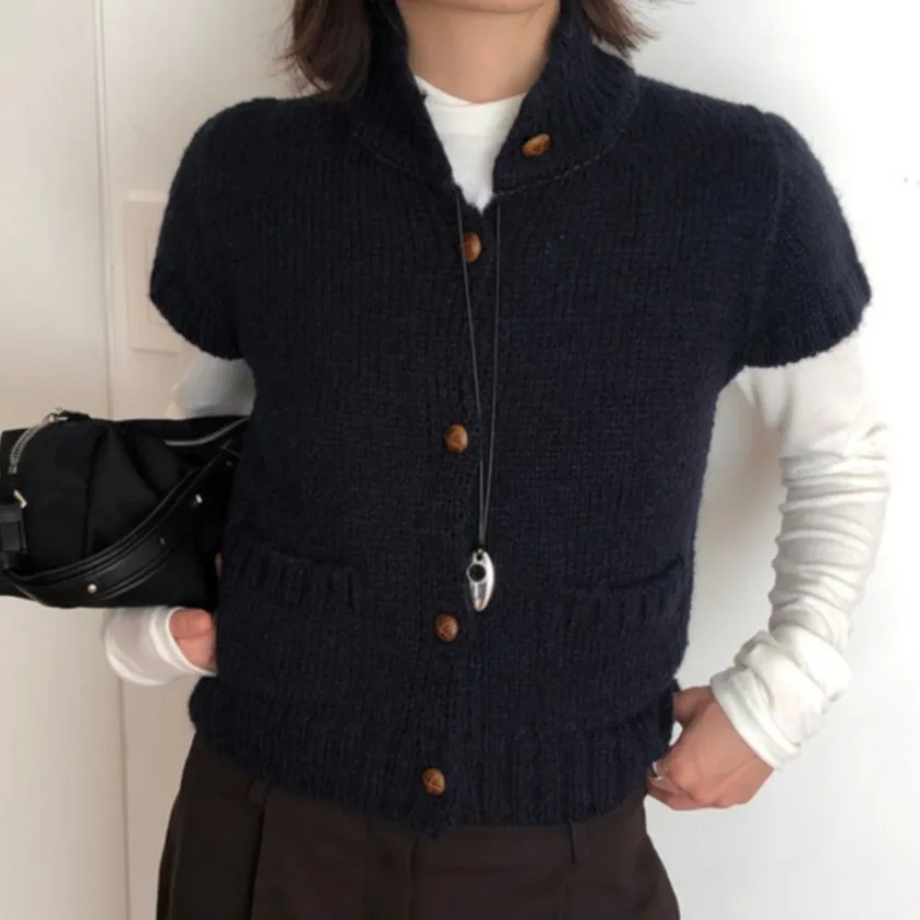 Chique vintage hoge kraag met één knop en Sve gebreide bovenkleding Dames Faion herfst winter polyestervezel vest