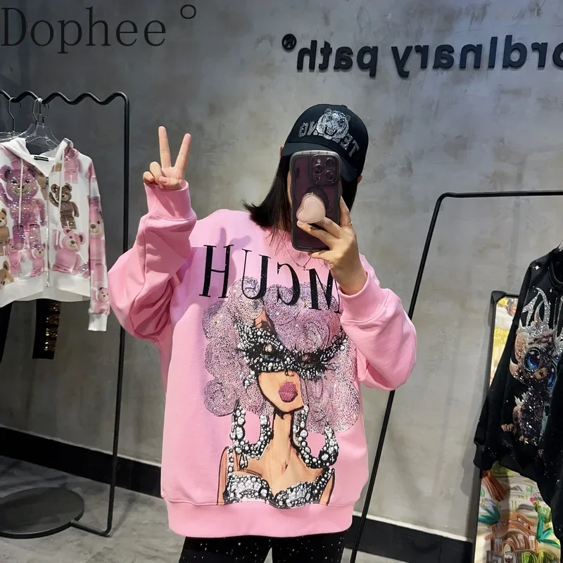 High Quality American Spring Autumn Female Hoodies O-neck Oversize Pullover Top Age Reduction Hot Drilling Pink Loose Sweatshirt