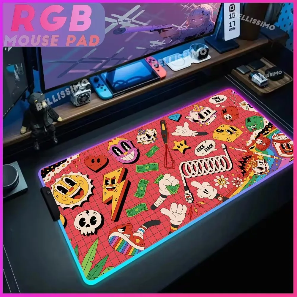 RGB LED Art Mouse Pad para Gamer, Grande Jogo Mousepad, Luminous Keyboard Desk Mat, Arte Kawaii