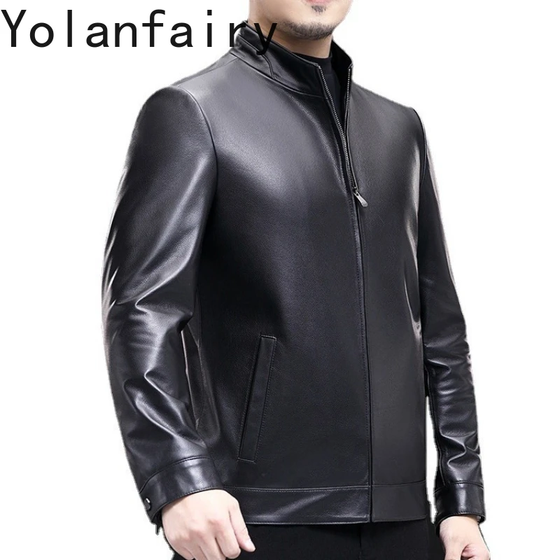 

YOLANFAIRY Genuine Leather Cowhide Mens Jacket Spring Autumn New in Jackets Dad Upscale Coats SizesM-5XL Saco Hombre Casual