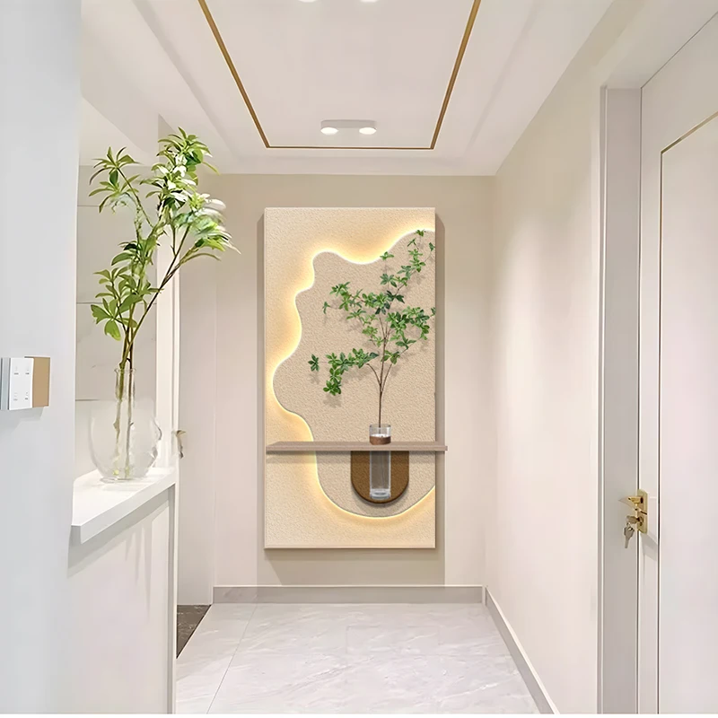 

Modern Vertical Home Decor Mural Sandstone Textured LED Illuminated Panel with White Frame Vase Decorative Painting Technique