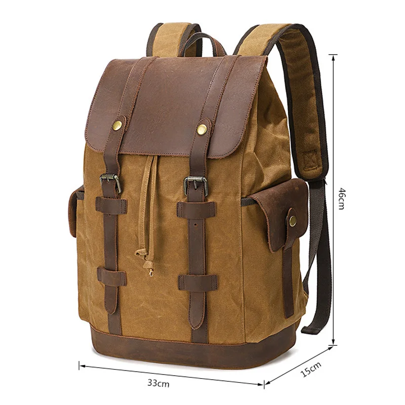 Duży plecak z woskowanej tkaniny płóciennej dla mężczyzn, brązowe skórzane wykończenia, zamykany na sznurek i klamrę, torba podróżna na zewnątrz, podwójne ramię.